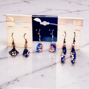 Cloisonne Floral Earrings Vintage enamel-floral-Dangle Earrings Set of 3